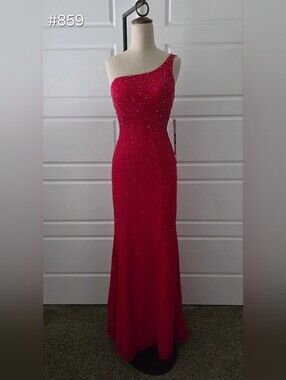 Red Beaded One-Shoulder Fit & Flare Evening Gown